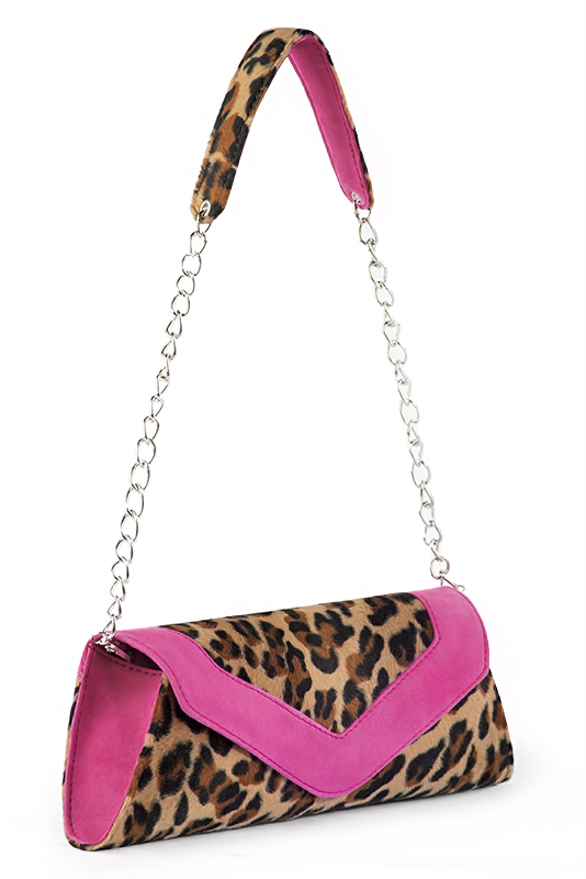 Women's animal print and shocking pink luxurious elegant clutch for ceremonies, weddings and evenings out. - Worn view